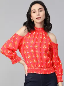 Global Desi Red Printed Cold-Shoulder Sleeves Blouson Top