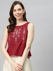 Global Desi Eco Vero Women Maroon Embroidered Top With Lace Inserts