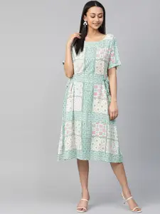 Global Desi Women EcoVero White & Green Printed A-Line Dress