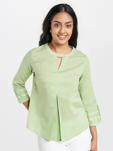 Global Desi Women Green Self Design Pure Cotton Top