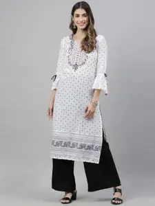 Global Desi Women White & Black Floral Printed Bell Sleeves Straight Kurta