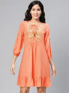 Global Desi Women Coral Orange Yoke Embroidered A-Line Dress