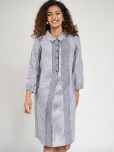 Global Desi Women Navy Blue & White Striped Pure Cotton Shirt Dress
