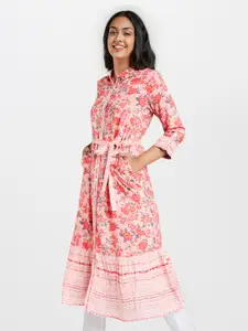 Global Desi Women Pink & White EcoVero Floral Printed Kurta