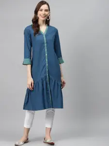 Global Desi Women Navy Blue Solid Pure Cotton A-Line Kurta