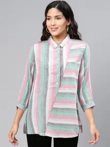 Global Desi Pink & Sea Green Striped Pure Cotton Cuffed Sleeves Shirt Style Top