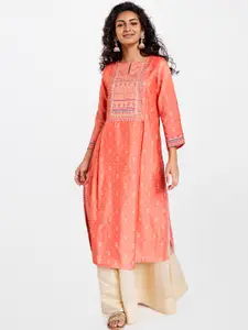 Global Desi Women Peach-Coloured Printed A-Line Kurta