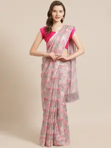 VASTRANAND Pink & Peach-Coloured Floral Printed Saree