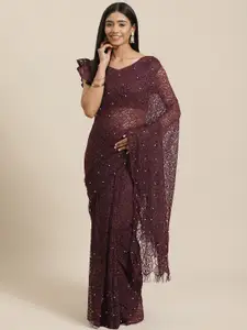 Saree mall Burgundy Lace Supernet Saree
