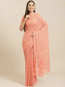Saree mall Peach-Coloured Woven Design Supernet Saree