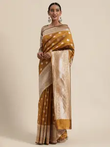 Sugathari Mustard Yellow & Silver-Toned Silk Blend Woven Design Banarasi Saree