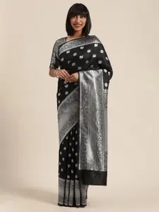 Sugathari Black & Silver-Toned Silk Blend Woven Design Banarasi Saree