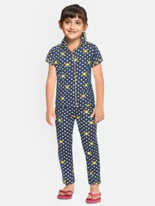Sweet Dreams Girls Navy Blue & White Pure Cotton Floral & Dot Print Night suit