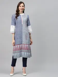 Global Desi Women Blue & Off-White Pure Cotton Striped Straight Kurta with Handblock Print