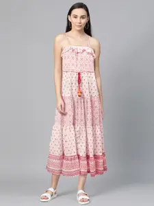 Global Desi Women Sustainable White & Pink Printed Pure Cotton Tiered Maxi Dress