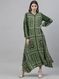 Global Desi Women Green & Maroon Printed Maxi Dress