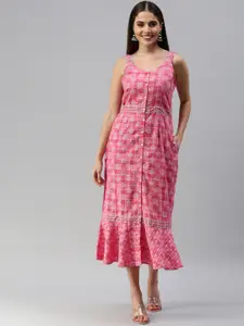 Global Desi Women Pink & White Floral Printed A-Line Midi Dress
