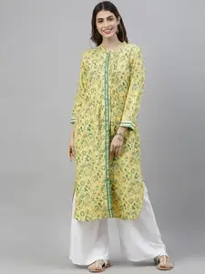 Global Desi Women Yellow & Green Floral Printed Straight Kurta with Pleats
