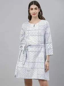 Global Desi Women White & Navy Blue Printed A-Line Dress with Waist Tie-Ups