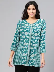 Global Desi EcoVero Teal Blue & White Printed A-Line Top