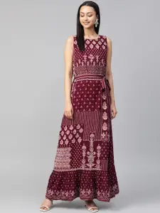 Global Desi Women EcoVero Burgundy & Peach-Coloured Printed Maxi Dress