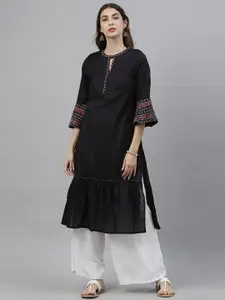 Global Desi Women Black Geometric Embroidered Keyhole Neck Bell Sleeves Kurta
