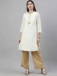 Global Desi Women Off White & Gold-toned Checked Kurta