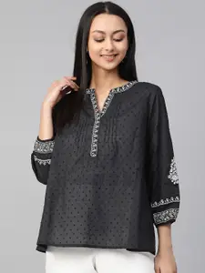 Global Desi Black Dobby Weave Puff Sleeves Monochrome Pure Cotton Top