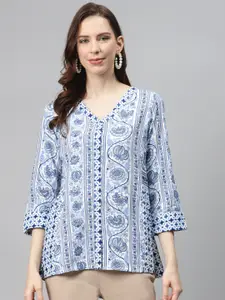 Global Desi Women Blue & Off-White Ethnic Motifs Print Sustainable A-Line Top