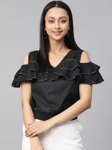 Global Desi Black Dobby Weave Cold-Shoulder Sleeves Smocked Blouson Top