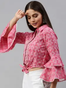 Global Desi Women Pink & White Checked Flared Sleeves Regular Crop Top With Tie Ups