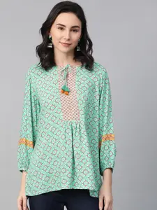 Global Desi Green & Red Printed Tie-Up Neck Puff Sleeves Top