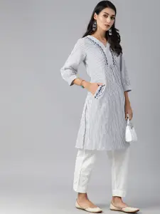 Global Desi Women Grey & Blue Floral Embroidered Thread Work Kurta
