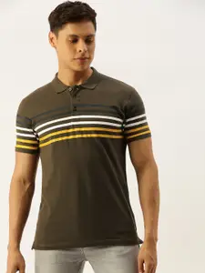 The Indian Garage Co Men Olive Green Striped Round Neck Pure Cotton T-shirt