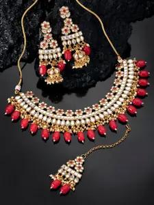 Peora Red Gold-Plated Kundan Necklace Earring Maang Tikka Jewellery Set