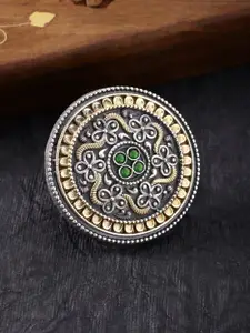 Peora Green & Bronze-Toned Silver-Plated Boho Vintage Adjustable Finger Ring
