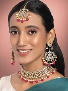 Peora Magenta Gold-Plated Handcrafted Kundan Necklace Earring Maang Tikka Jewellery Set