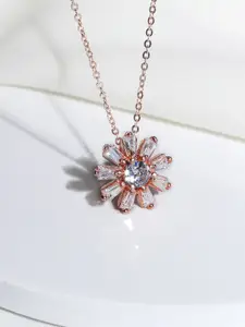 GIVA 925 Silver Rose Gold Baguette Flower Pendant with Link Chain