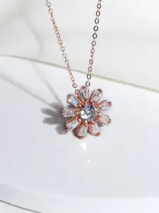 GIVA 925 Silver Rose Gold Baguette Flower Pendant with Link Chain