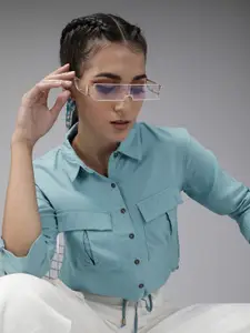 The Roadster Lifestyle Co Women EcoVero Blue Regular Fit Cropped Solid Casual Shirt