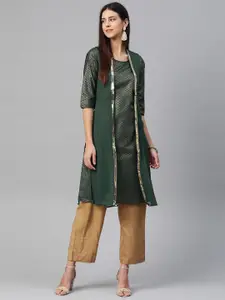 AURELIA Women Green & Golden Geometric Printed Layered Kurta