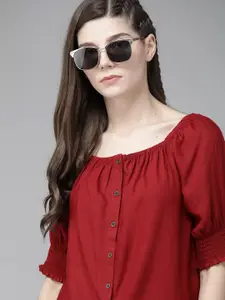The Roadster Lifestyle Co Red EcoVero Solid Puff Sleeves Regular Sustainable Top