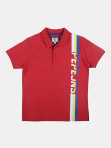 Pepe Jeans Boys Red Printed Cotton Polo Collar Pure Cotton T-shirt