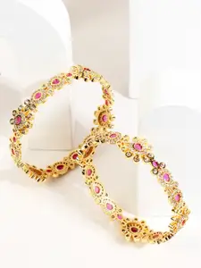AccessHer Set Of 2 Gold-Plated & Pink Embellished Studded Handcrafted Bangles