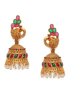 AccessHer  Antique Gold-Plated Studded Peacock Shaped Jhumkas
