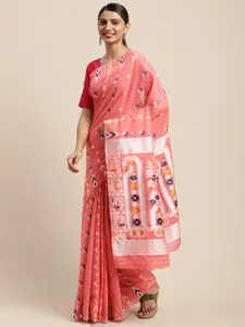 VASTRANAND Pink & Blue Woven Design Jamdani Saree