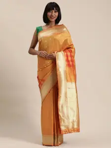 Mitera Mustard Yellow & Gold-Toned Woven Design Kanjeevaram Saree