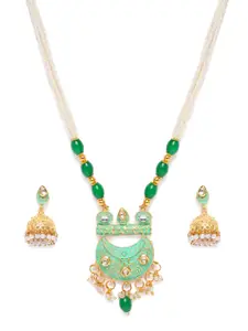 Kord Store Green Gold Plated Meenakari Chand Shape Haram Necklace & Jhumka Earrings Set
