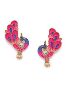 Kord Store Pink & Blue Gold-Plated Meenakari Peacock Shaped Drop Earrings