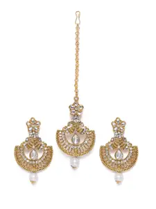 Kord Store Gold-Plated Stone Studded Chandbali Earrings with Maang Tikka Set